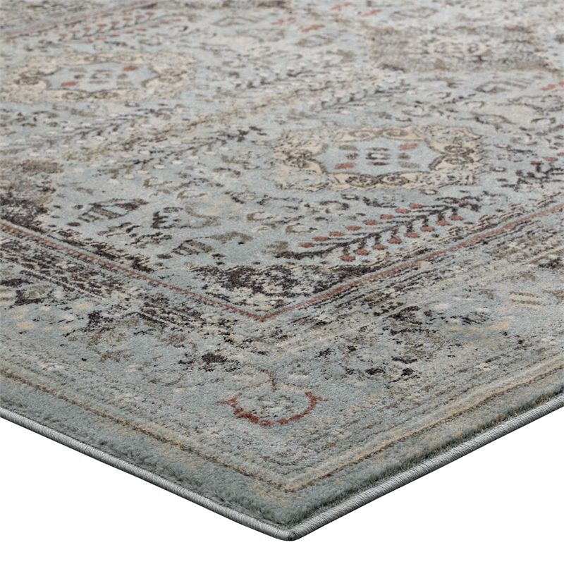 Enye Distressed Vintage Floral Lattice 8x10 Area Rug in Brown and Silver Blue