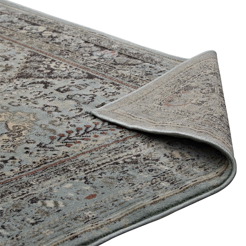 Enye Distressed Vintage Floral Lattice 8x10 Area Rug in Brown and Silver Blue