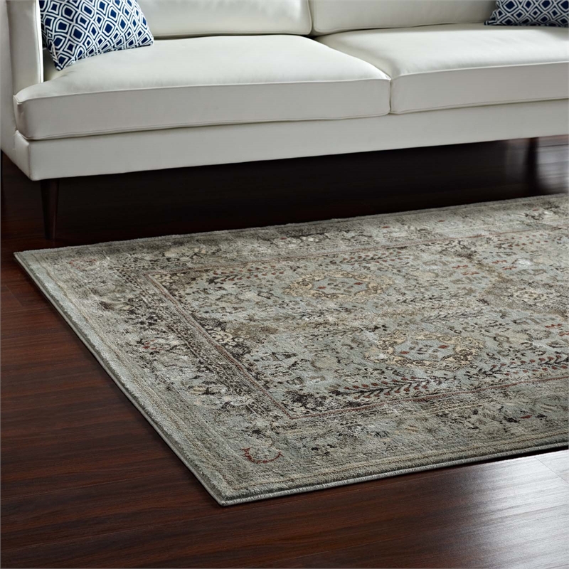 Enye Distressed Vintage Floral Lattice 8x10 Area Rug in Brown and Silver Blue