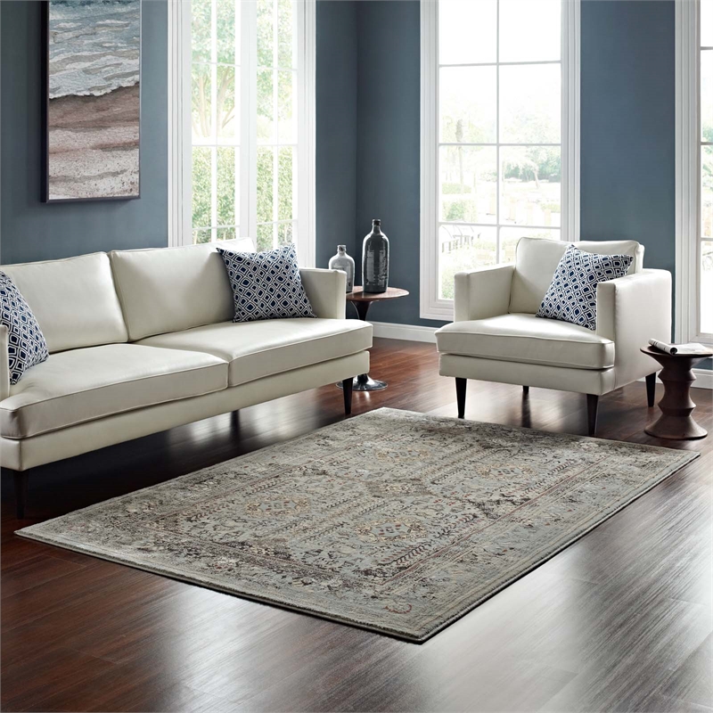 Enye Distressed Vintage Floral Lattice 8x10 Area Rug in Brown and Silver Blue