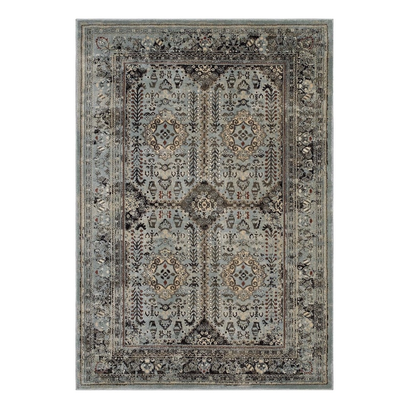 Enye Distressed Vintage Floral Lattice 8x10 Area Rug in Brown and Silver Blue