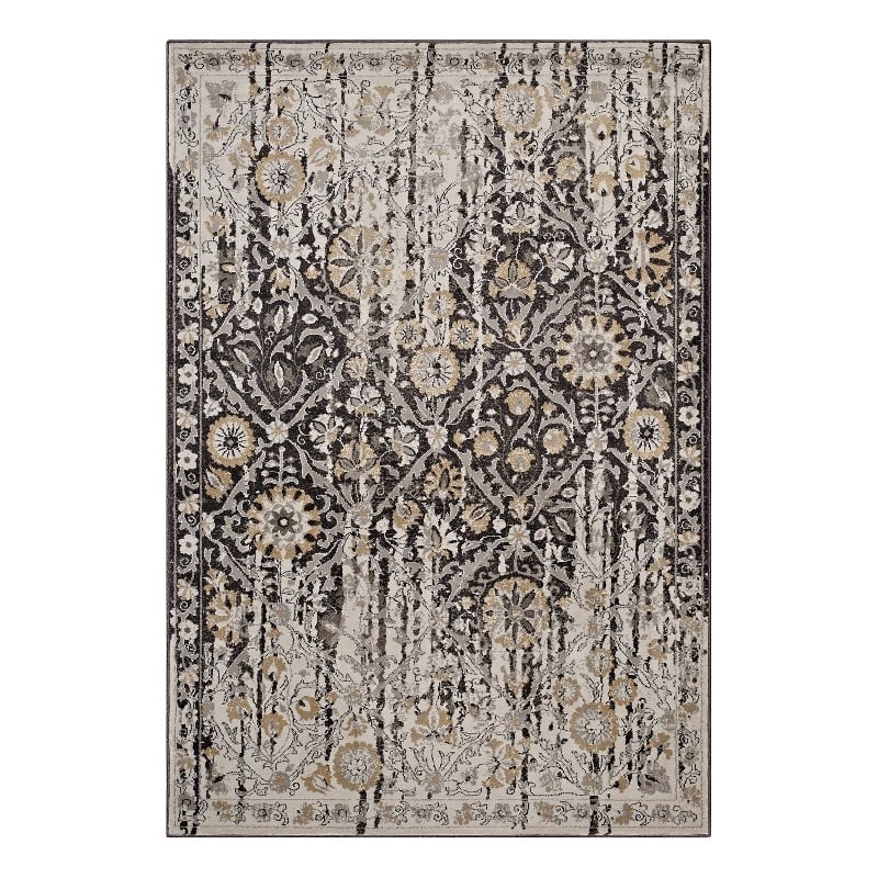 Ganesa Distressed Diamond Floral Lattice 5x8 Area Rug in Black and Beige