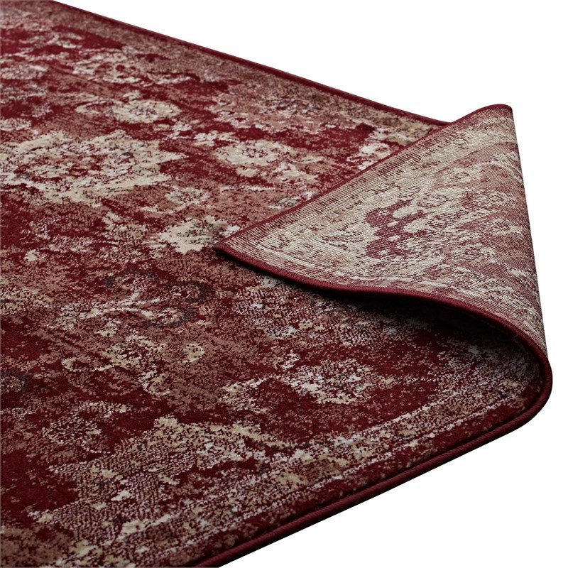 Cynara Distressed Floral Vintage Medallion 5x8 Area Rug in Burgundy and Beige