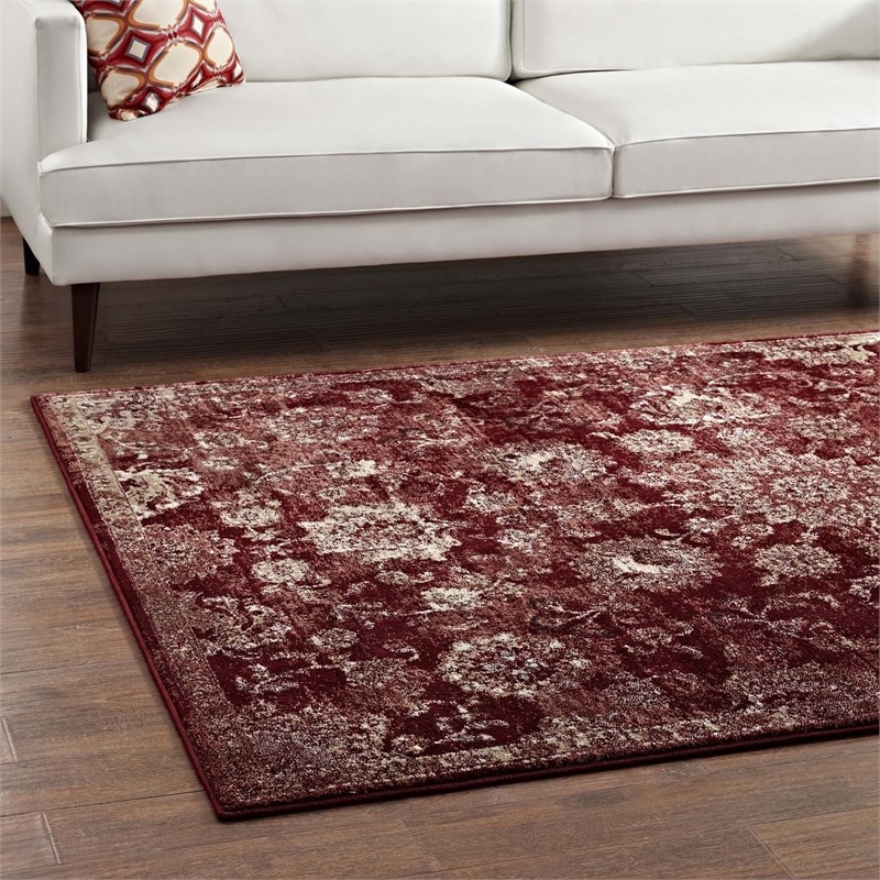 Cynara Distressed Floral Vintage Medallion 5x8 Area Rug in Burgundy and Beige