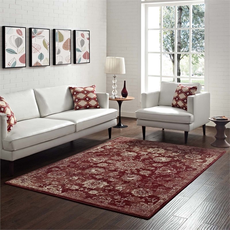 Cynara Distressed Floral Vintage Medallion 5x8 Area Rug in Burgundy and Beige