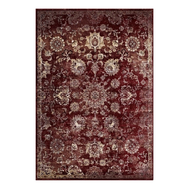 Cynara Distressed Floral Vintage Medallion 5x8 Area Rug in Burgundy and Beige