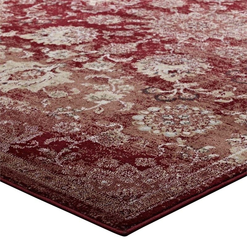 Cynara Distressed Floral Vintage Medallion 5x8 Area Rug in Burgundy and Beige