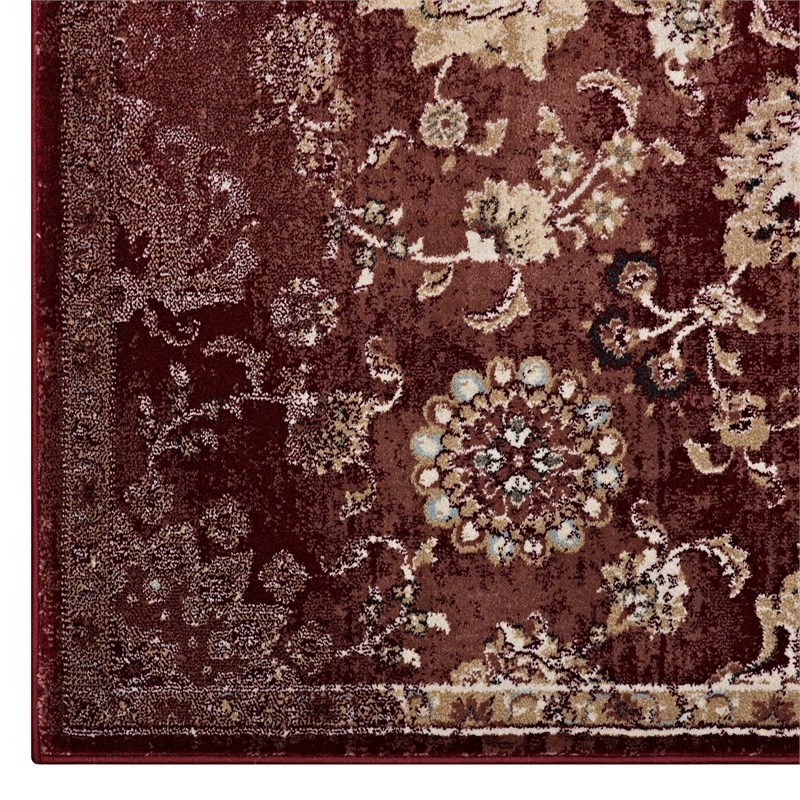 Cynara Distressed Floral Vintage Medallion 5x8 Area Rug in Burgundy and Beige