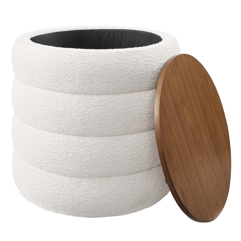 Mezzo Round Boucle Fabric Storage Ottoman in Cloud