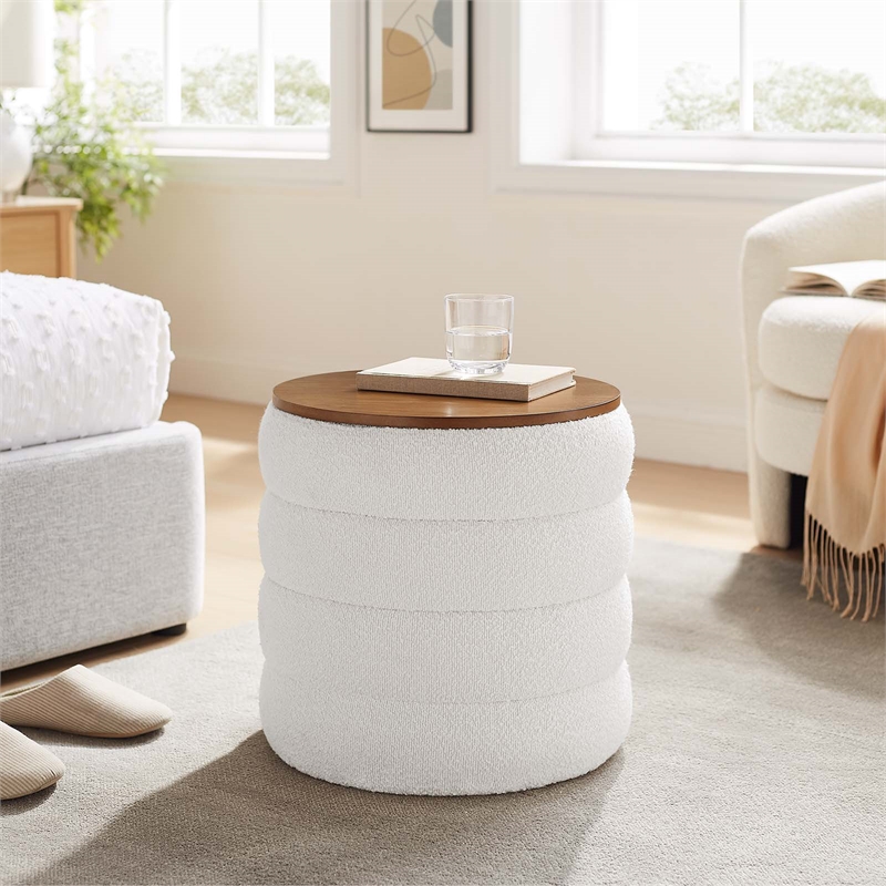 Mezzo Round Boucle Fabric Storage Ottoman in Cloud