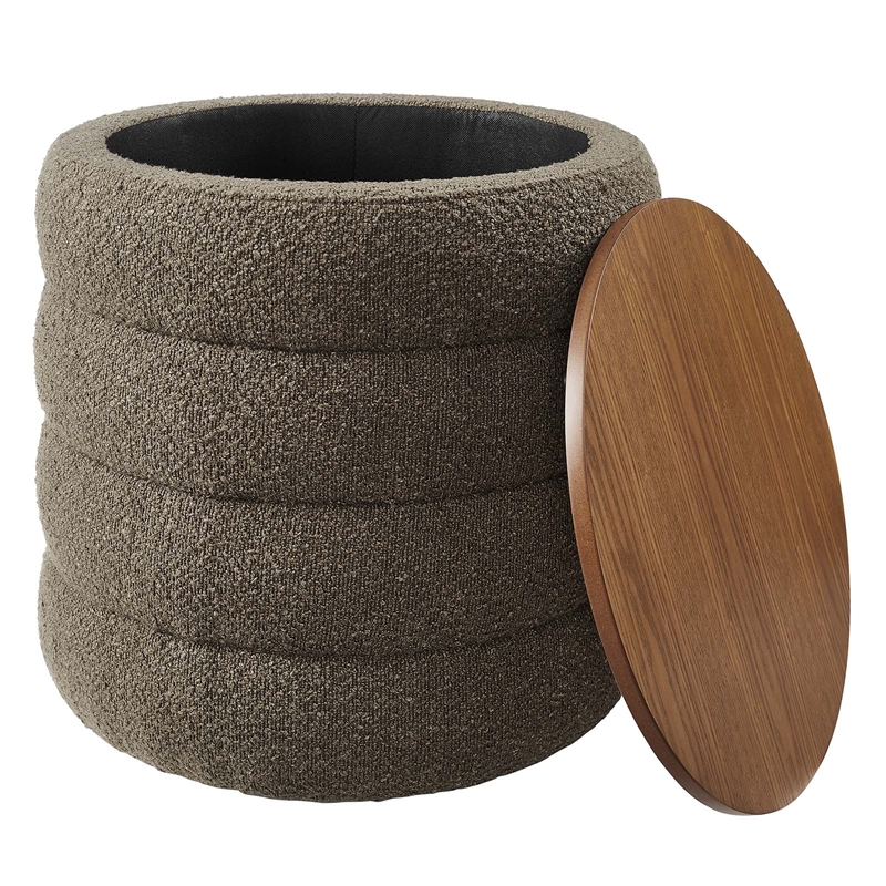 Mezzo Round Boucle Fabric Storage Ottoman in Pebble