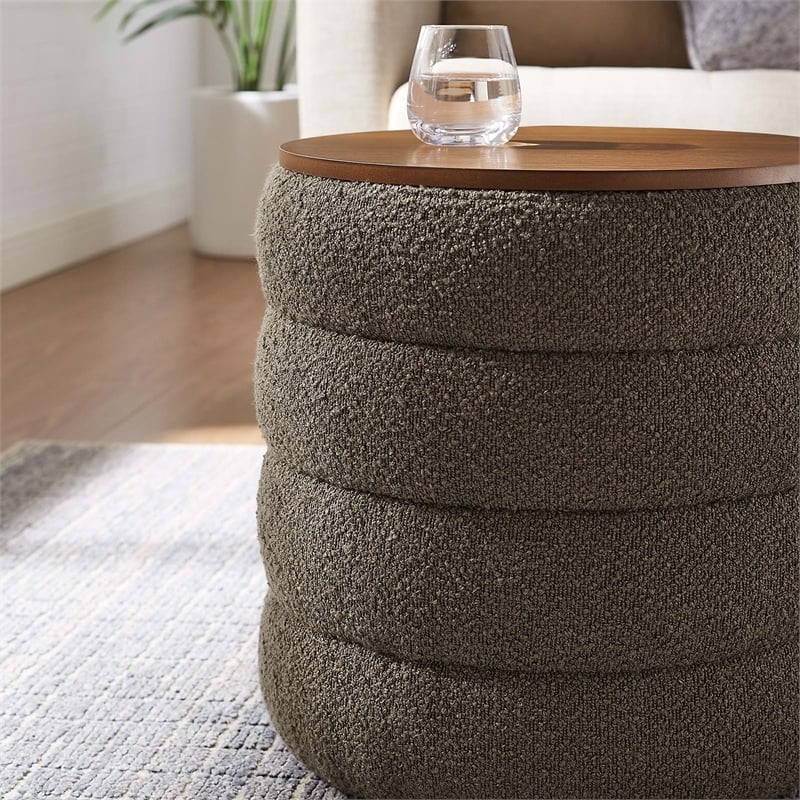 Mezzo Round Boucle Fabric Storage Ottoman in Pebble