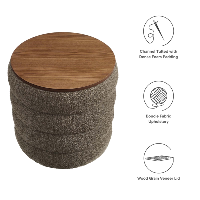 Mezzo Round Boucle Fabric Storage Ottoman in Pebble