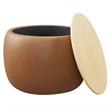 Perla Round Vegan Leather Storage Ottoman in Tan