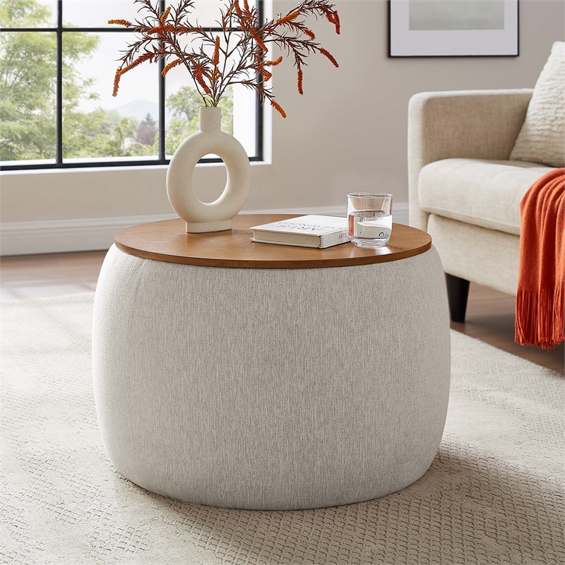 Perla Upholstered Fabric Storage Ottoman in Ivory Fabric