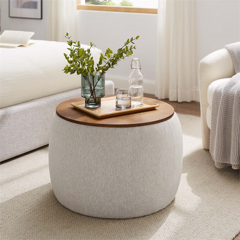 Perla Upholstered Fabric Storage Ottoman in Ivory Fabric