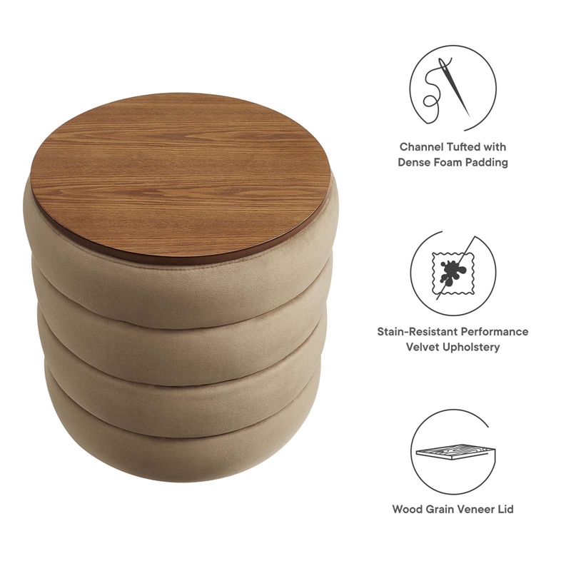 Mezzo Round Performance Velvet Storage Ottoman in Taupe