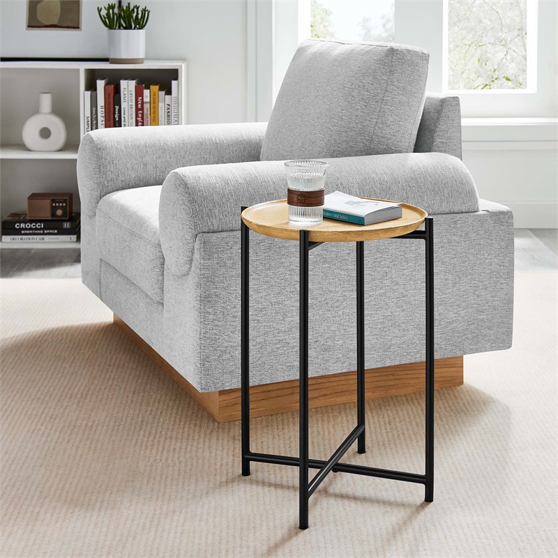 Xilo Round Wood and Metal Side Table in Oak