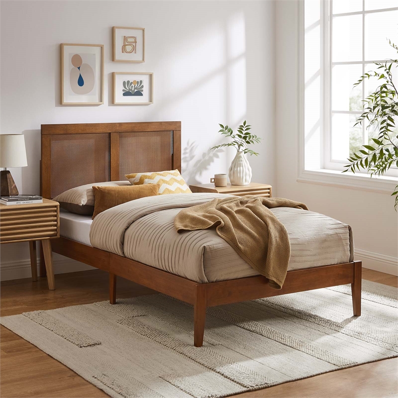 Sirocco Rattan and Wood Twin Platform Bed in Walnut