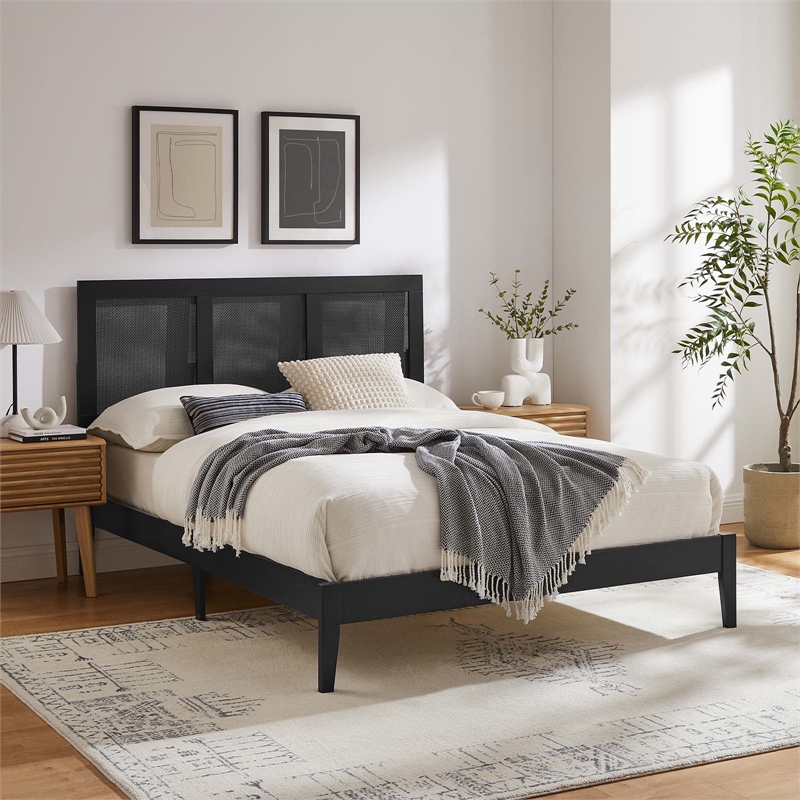 Sirocco Rattan and Wood Full Platform Bed in Black