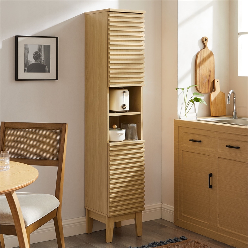 Render Tall Narrow Bathroom Storage Cabinet in Oak