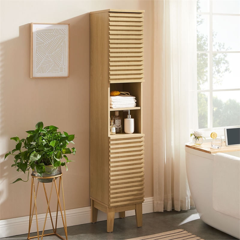 Render Tall Narrow Bathroom Storage Cabinet in Oak