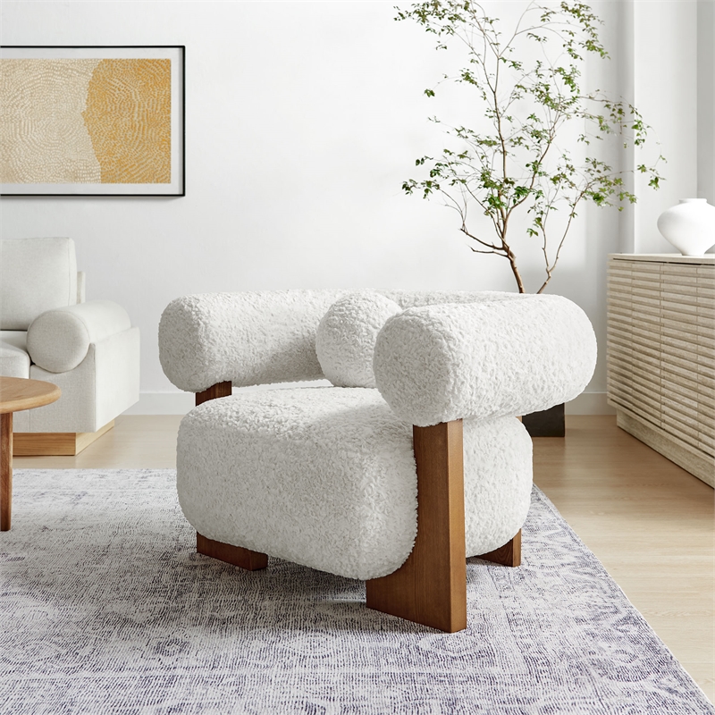 Modway Jace Faux Fur Fabric Upholstered Accent Chair in Feather