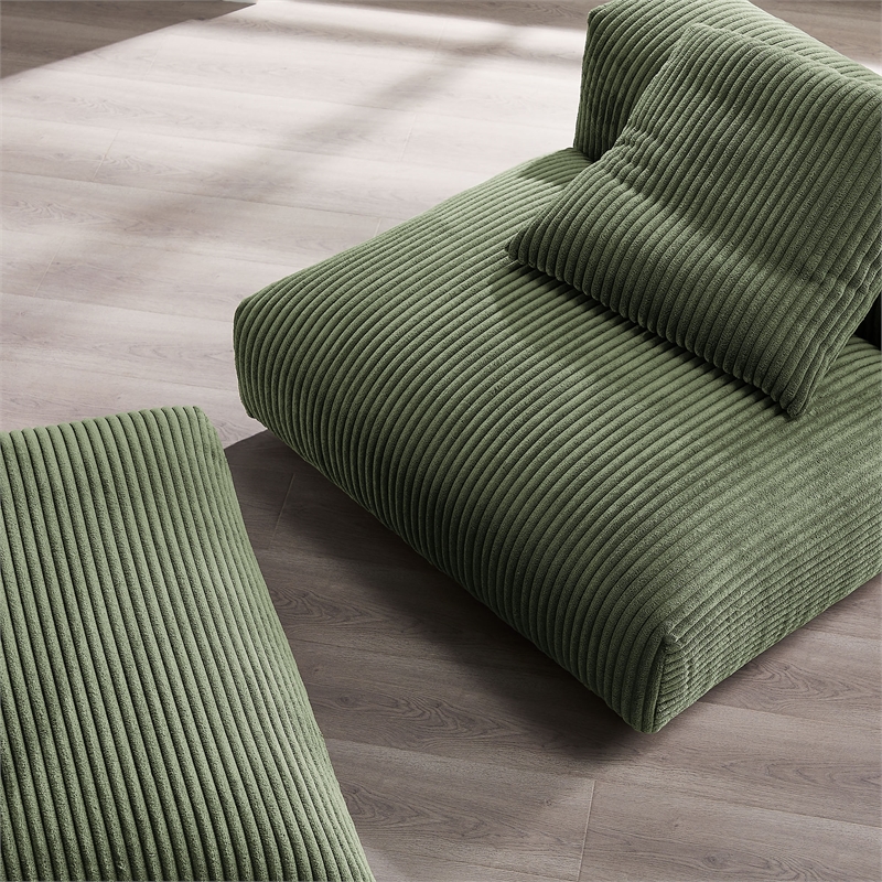 Solace Modular Corduroy Upholstered Armless Chair and Ottoman Set in Fern