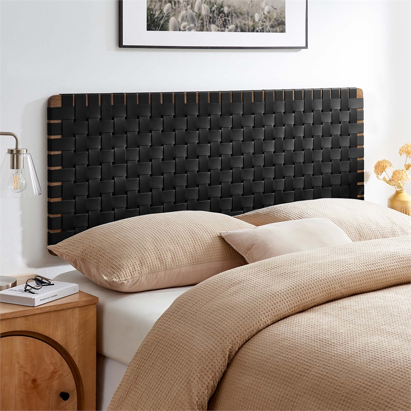 Sparta Weave Wall-Mount Vegan Leather Queen Headboard in Walnut Black