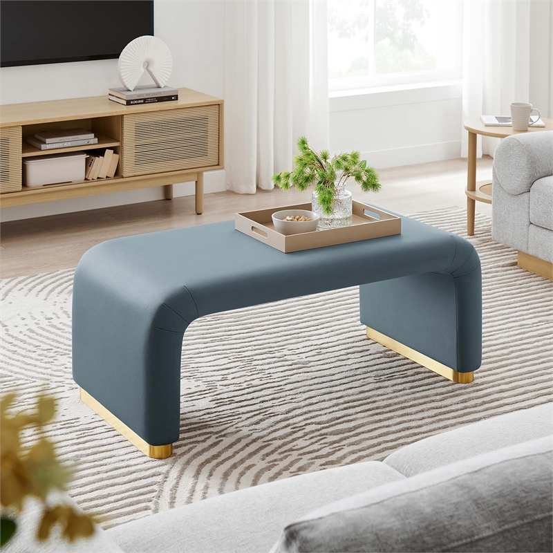 Koda Performance Velvet Waterfall Ottoman in Brass Cadet Blue