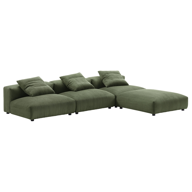 Modway Solace 4-Piece Modular Corduroy Upholstered Sectional Sofa in Fern