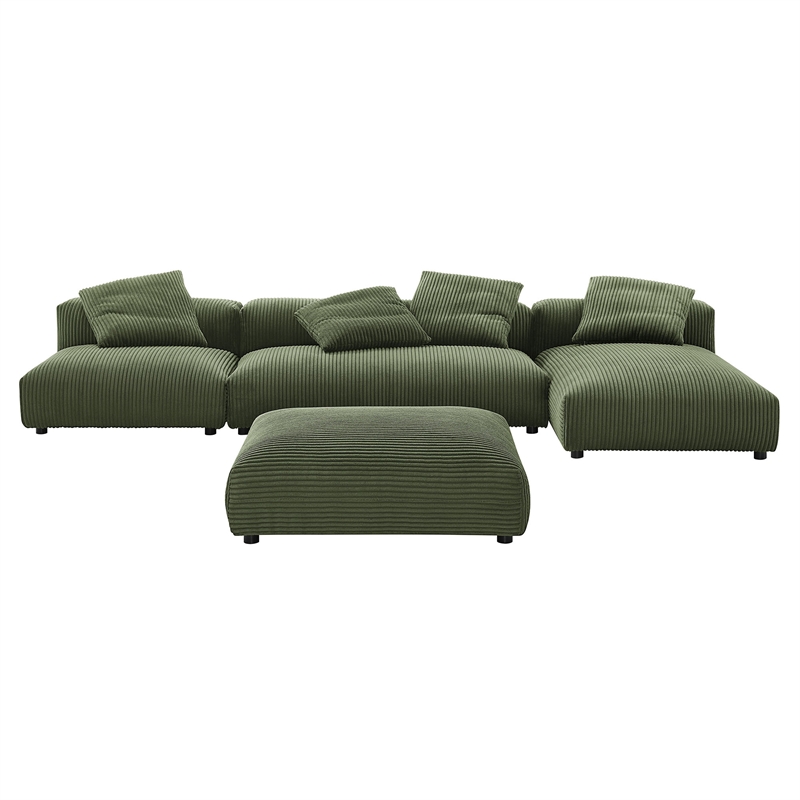 Modway Solace 4-PC Modular Corduroy Upholstery Sectional Sofa w/Ottoman in Fern