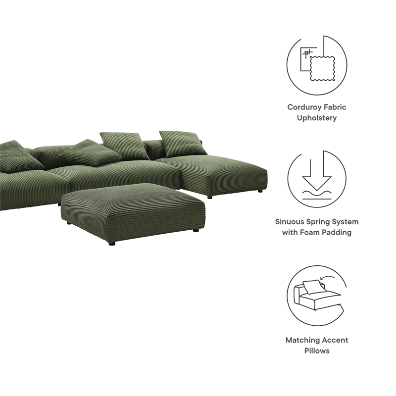 Modway Solace 4-PC Modular Corduroy Upholstery Sectional Sofa w/Ottoman in Fern