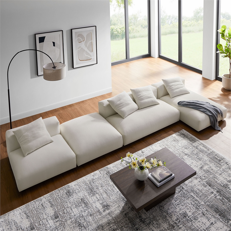 Modway Solace 4-PC Modular Upholstery Fabric Sectional Sofa w/Ottoman in Salt