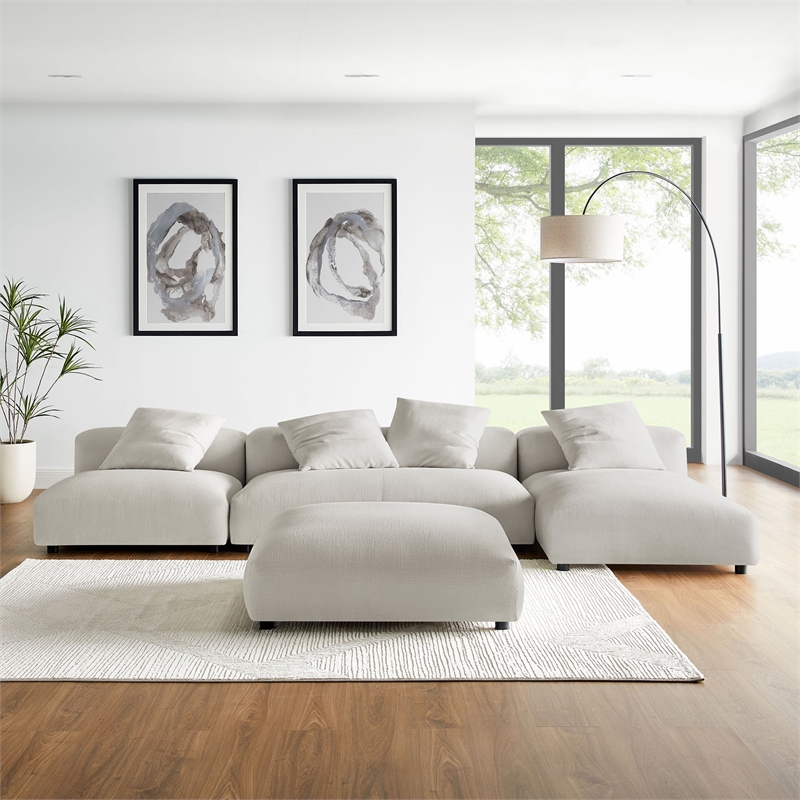 Modway Solace 4-PC Modular Upholstery Fabric Sectional Sofa w/Ottoman in Salt