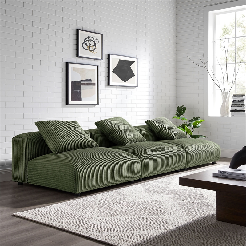 Modway Solace 3-Piece Modular Corduroy Upholstered Sofa in Fern