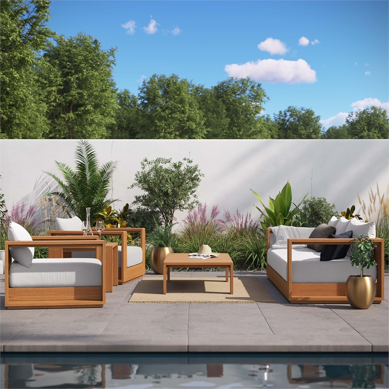 Modway Tahoe 5-Piece Acacia Wood Outdoor Patio Set in Natural Light Gray