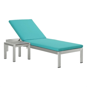 Modway Shore Chaise Lounge Chair and Side Table in Silver Black Turquoise