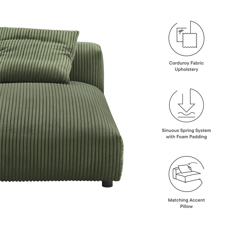 Modway Solace Modular Corduroy Upholstered Armless Chaise Lounge in Fern