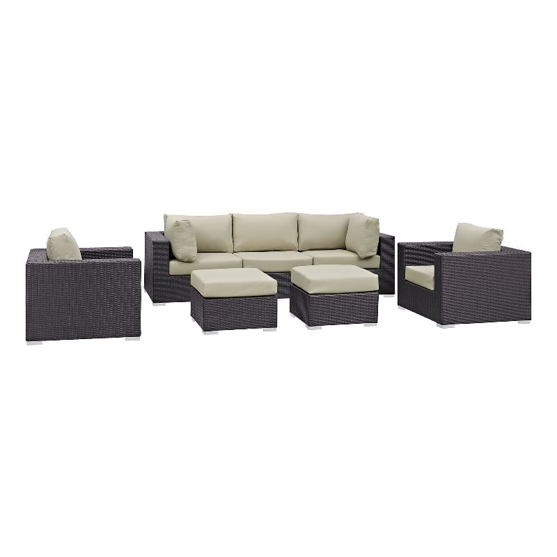 Modway Gather 7-Piece Synthetic Rattan Weave Sectional Set in Espresso/Beige