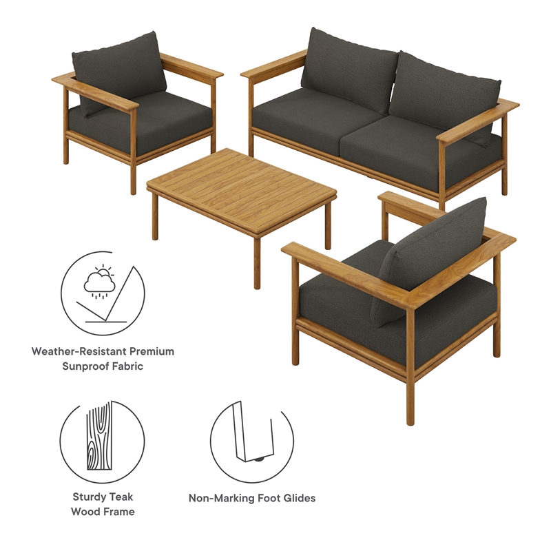 Modway Wren 4-Piece Solid Teak Wood Furniture Set in Natural Flint Gray