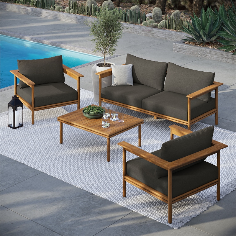 Modway Wren 4-Piece Solid Teak Wood Furniture Set in Natural Flint Gray