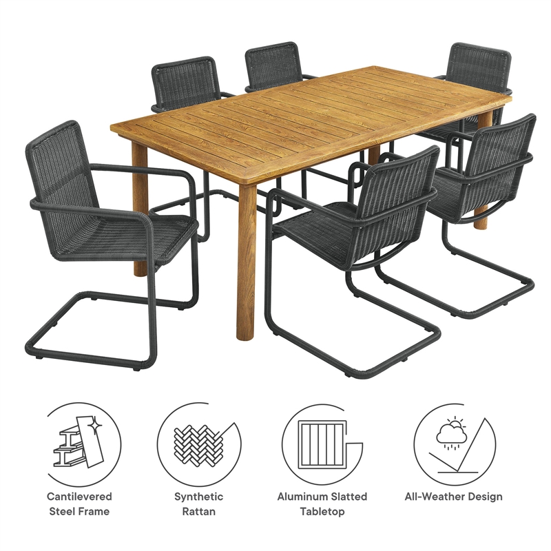 Abacus 7-Piece Dining Table Set with Rattan Armchairs in Slate Natural