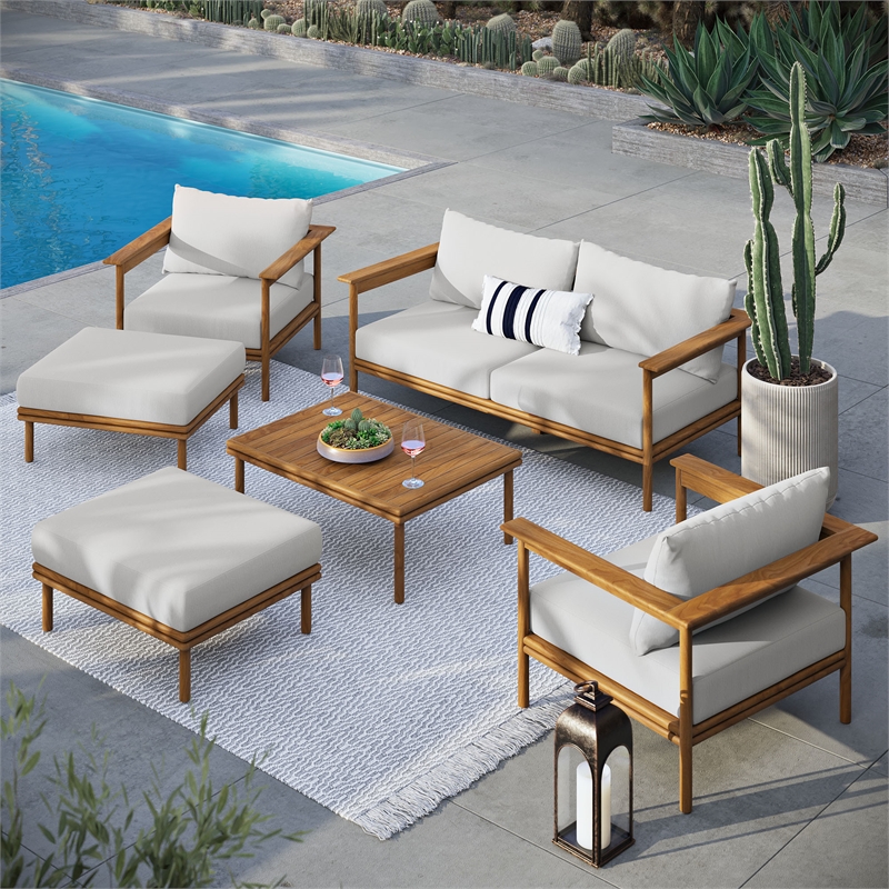 Modway Wren 6-Piece Solid Teak Wood Patio Set in Natural Sail