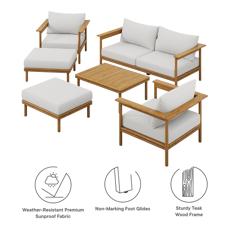 Modway Wren 6-Piece Solid Teak Wood Patio Set in Natural Sail