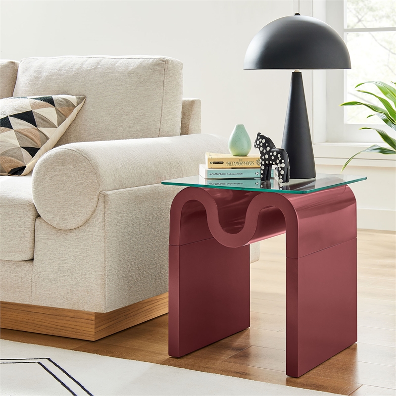 Modway Ondine Unique Wave Shaped Tempered Glass End Table in Spiced Apple