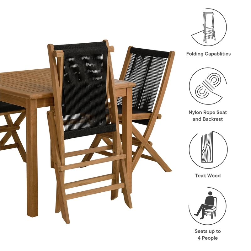 Vienna 5-Piece Dining Set with Rope Folding Chairs in Natural Black