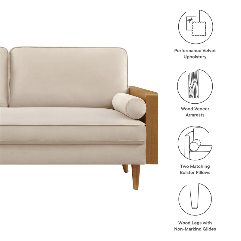 Modway Kellan Performance Velvet Upholstered 3-Seater Sofa in Walnut/Almond
