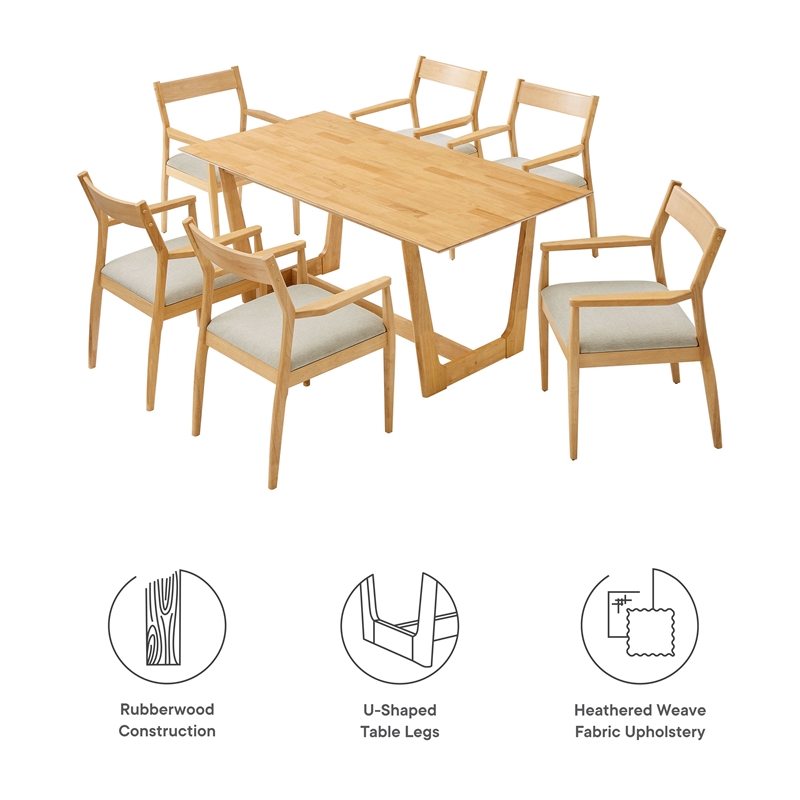 Modway Solara 7PC Dining Set w/Fabric Armchairs in Natural Heathered Weave Beige