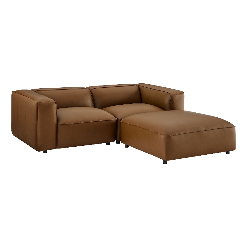 Modway Auren 3-Piece Vegan Leather Upholstered Loveseat with Ottoman in Coffee
